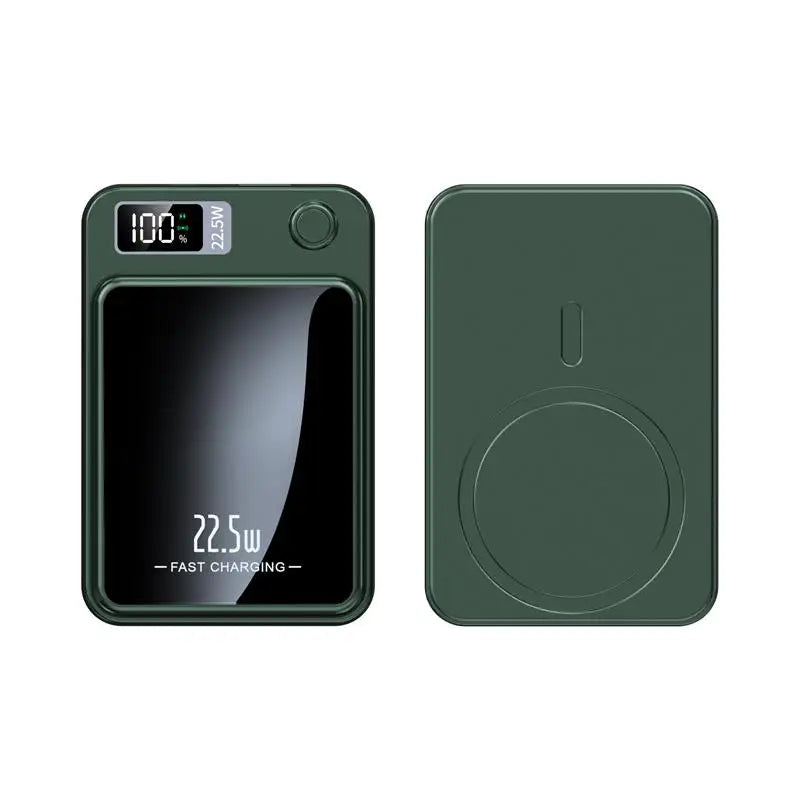 Green wireless portable Magnetic Charger, front and back view.  Compact wireless power bank with fast charging for travel.