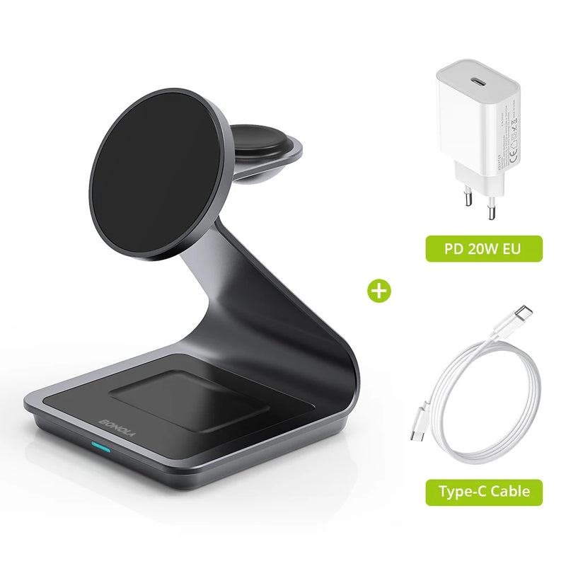 Magnetic 3-in-1 wireless charging station for iPhone and Apple Watch