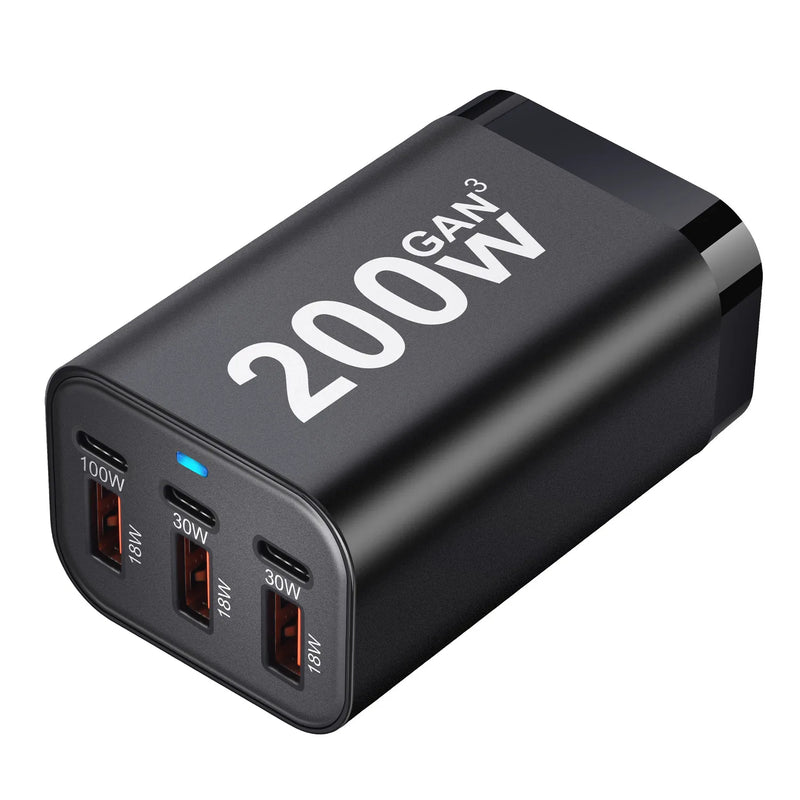 100W GaN USB-C and USB-A power adapter for fast charging laptops and phones.