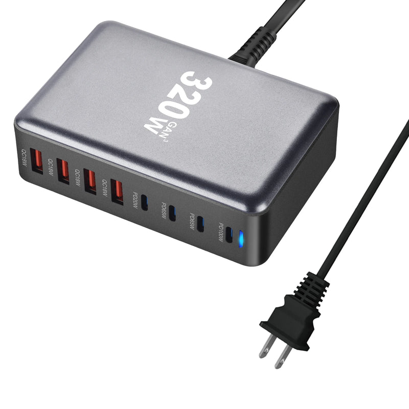 320W GaN Fast Charging Station with USB-C and USB-A ports for fast device charging.