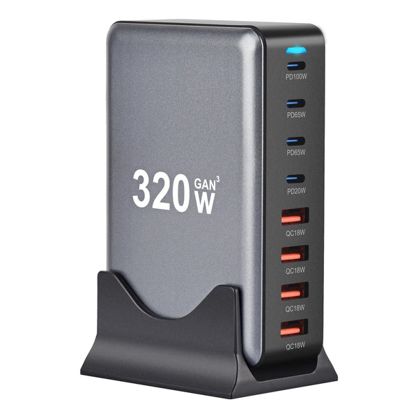 320W GaN Fast Charging Station with USB-C and USB-A ports for fast device charging.