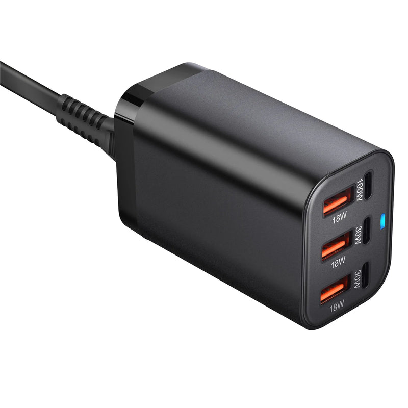 Compact travel-friendly 100W GaN charger with dual charging ports.